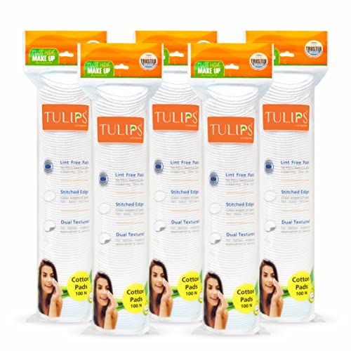 Tulips 100% pure Cotton Pads, double sided 100 pcs in a Ziplock Bag Pack of 5 I suitable for all skin type I help you remove your face & eyes makeup very softly