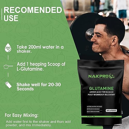 Image of Nakpro L-Glutamine Powder | 4g Glutamine Per Serving, 50 Servings | Post Workout Amino Acid Supplement for Muscle Growth and Recovery (Unflavoured, 250g)
