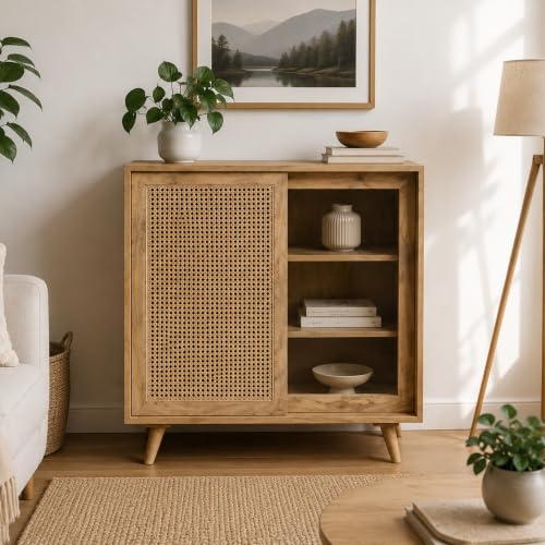 Image of The Attic INES Cabinet, Coffee Table for Living Room, Solid Wood Centre Table with Cane with Sliding Doors, Natural Finish