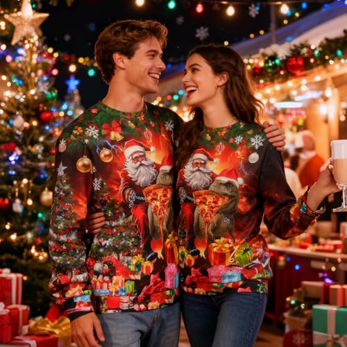 Santa Riding a Pizza-Eating T-Rex Christmas Sweatshirt - Image 6