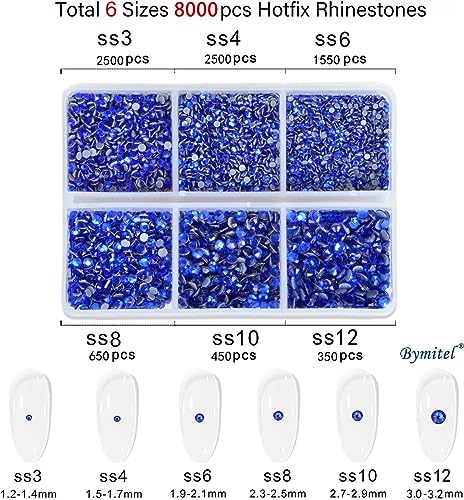 Image of Bymitel Hotfix Crystal Rhinestones Round Gems for Crafts,Mixed 6 Sizes with Wax Pencil Kit, Sapphire 1.3-3.2mm(SS3-SS12 /8000pcs)