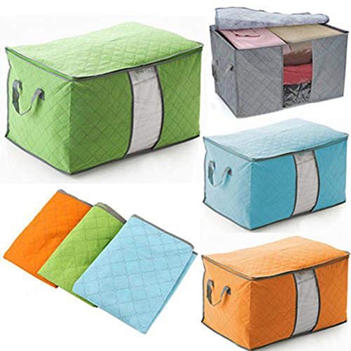 Foldable Storage Zipper Bag Case,3 Pcs Bamboo Charcoal Large Durable Storage Container Bag for Beddings Comforters Quilt Blanket Pillows Garments Sweaters for Season Items Storage,Blue+Green+Orange