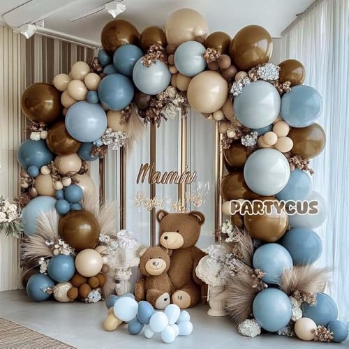 Image of Dusty Blue Brown Balloon Arch Kit Double Stuffed Pastel Baby Blue Dark Brown Tan Coffee White Sand Latex Balloon Garland for Neutral Birthday Bear Western Cowboy Party Decoration