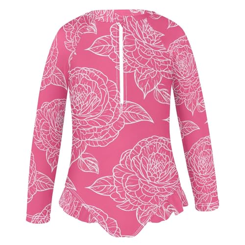 J JOYSAY Outline Camellia Blossom Magenta Girls One Piece Swimsuits Long Sleeve UPF 50+ Rash Guard Kids Swimwear 3-12 Years2