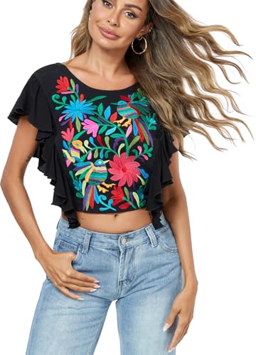 2025 Women's Embroidered Tops Boho Mexican Shirt Sexy Floral Ruffle Short Sleeve Backless Going Out Crop Tunics Top