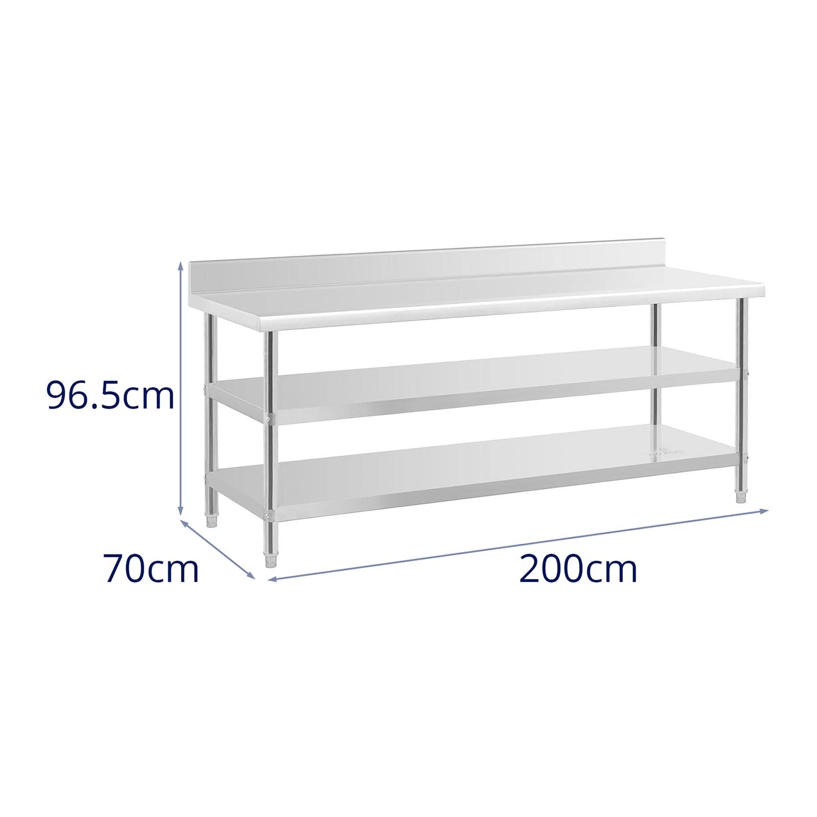 Royal Catering RCAT-200/70-SPS3SH - Tavolo da lavoro in acciaio INOX con rialzo, 200 x 70 x 16,5 cm, 500 kg, 2 ripiani