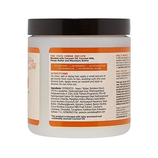 Carol’s Daughter Coco Creme Curl Shaping Cream Gel, with Coconut Oil, Coconut Milk, Silicone Free, Paraben Free Hair Gel for Curly Hair , Mineral Oil Free, for Very Dry Hair, 16 Oz
