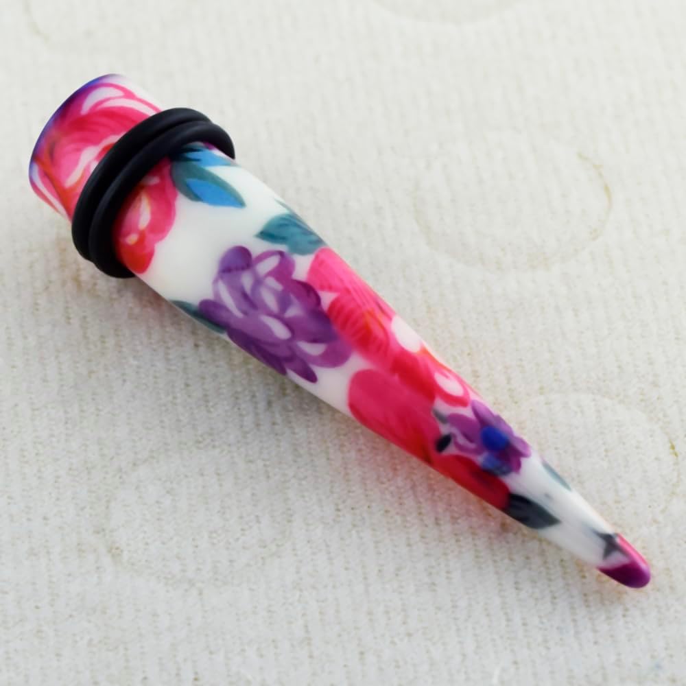 Multi Colored Flowers Pattern UV Acrylic Straight Tapers - Expander - Stretching - Gauge Ear Plug Body Piercing Jewelry