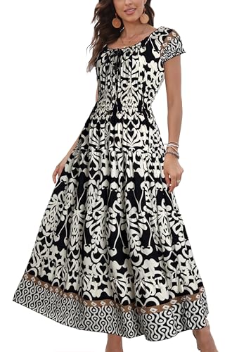 Image of OSTOO Women's Floral Maxi Dress Boho Summer Short Sleeve Smocked Waist Tiered Long Dress