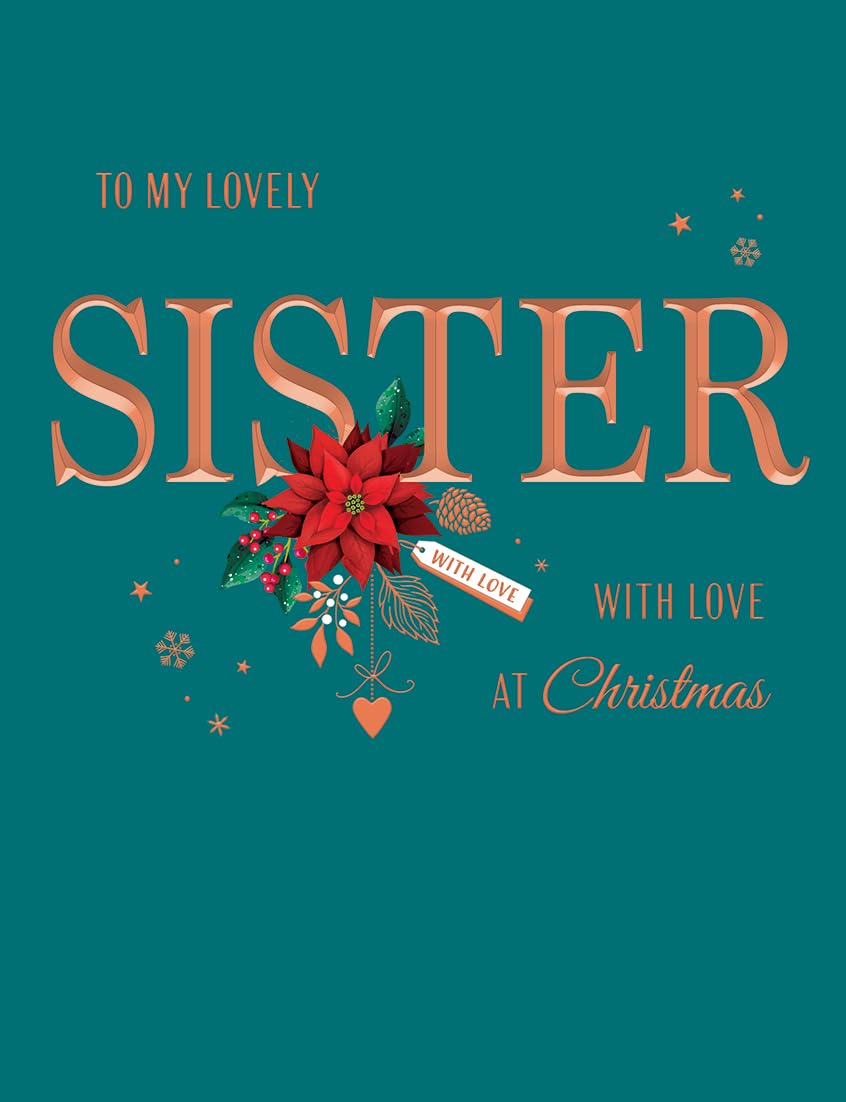 Avant Garde Studios Classic Christmas Card, Lovely Sister, Teal - 8 x 6 inches - Piccadilly Greetings
