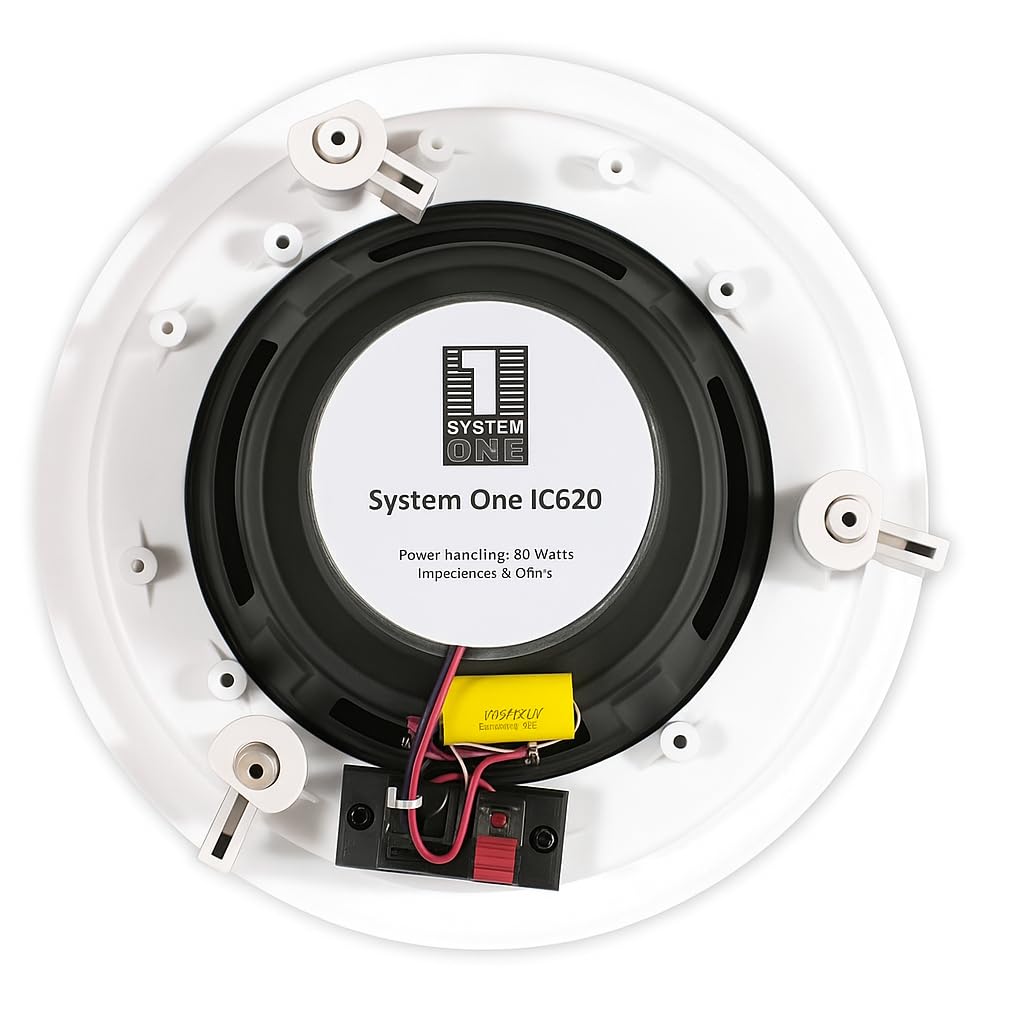 RO&CO System One IC-620 – Pareja de Altavoces Empotrables 6,5″ 2 Vías 8 Ohm 100W, Pasivos con Cable, Requieren Amplificador Externo, No Bluetooth, Blancos para Techo o Pared.