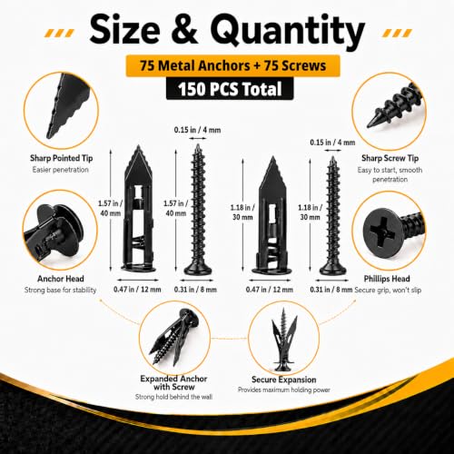 Image of Jyphorixal 150Pcs Self Drilling Drywall Anchors with Screws Kit,Zinc Plated Steel,2 Sizes Expansion Screws and 2 Sizes Wall Anchors, Easy Application No Drill or Holes in Wall.(Electrophoretic Black)