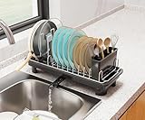 junyuan Compact Dish Drying Rack,Small Dish Rack for Kitchen Counter, Dish Drainer with 360° Rotatable Spout,Plate Rack, Dish Strainer with Cutlery Holder for Pots, Fork & Knives Space Saving