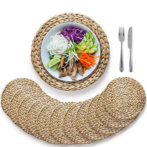 Image of BLUEWEST Woven Placemats - Set of 10 Round Rattan Wicker Water Hyacinth Braided Placemats, 13.5'' Heat Resistant /Anti-Slip