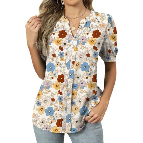 Kistore Women's Short Sleeve Tops Dressy Casual Business Work Blouses V Neck Chiffon Top Office Shirts X-Large B Apricot Floral