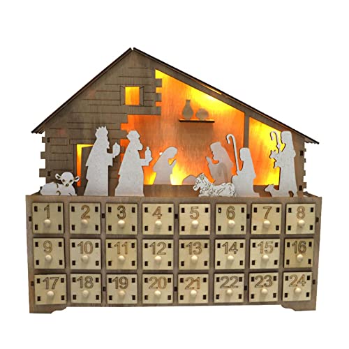 SBVSDB Calendrier de l'Avent en bois avec 24 tiroirs de la Nativité de Jésus 34 x 32 cm Motif verrou, pour enfants Cover
