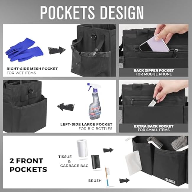 Small Compact Cleaning Caddy Tool Organizer Bag Black for Housekeepers