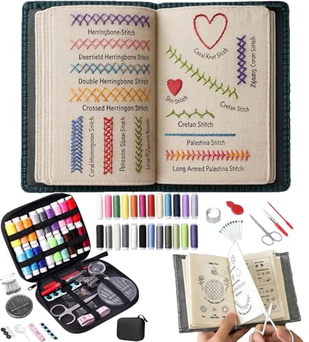 Embroidery Stitch Book Kit for Adults & DIY Craft Lovers Portable Embroidery Kit for Beginners Enthusiasts Includes Guide to 106 Patterns with Tools & Tutorials and 86-Piece Sewing Tool Kit(1 Set)