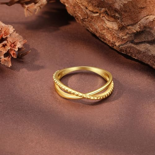 Stackable 14K Gold Plated Criss Cross X Ring Dainty Sterling Silver X Ring for Women Minimalistic Wedding Bands Ring Statement Rings Jewelry Birthday Prom Gifts for Mom Wife 6