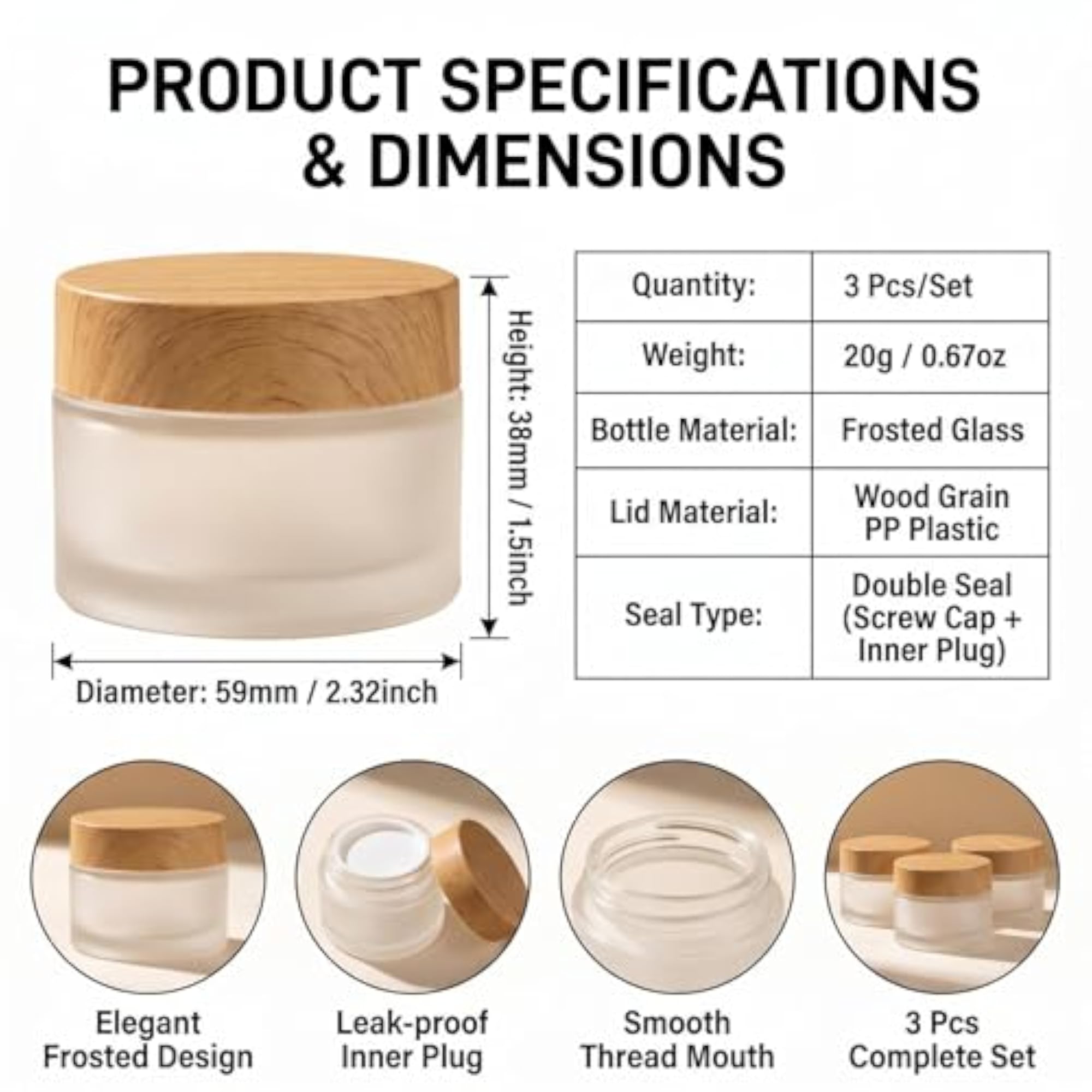 3PCS 20g/20ml Empty Refillable Translucent Glass Makeup Containers