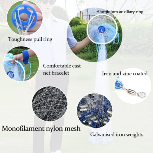 Fesatccoz Wurfnetz Zum Fischen, Nylon Monofilament Fischnetz, Φ2.4m/ 95inch Fischnetz Mit 8m Handschnur, 0.5 Finger Handwurf Angeln Mesh Netz