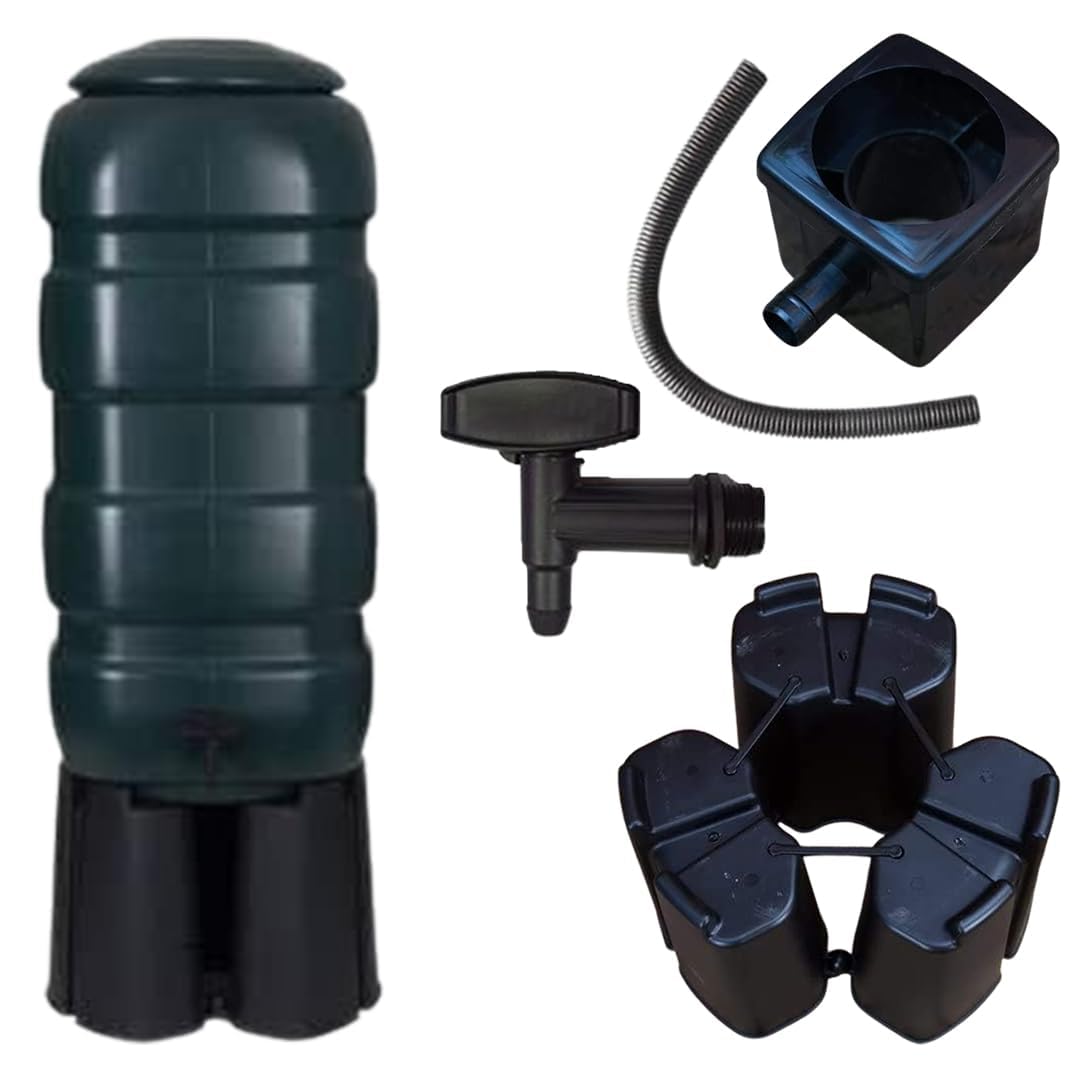 100L Garden Water Butt Set with Stand, Rainwater Diverter, Tap, T-Piece and Flexible Hose – Complete Rainwater Harvesting Kit
