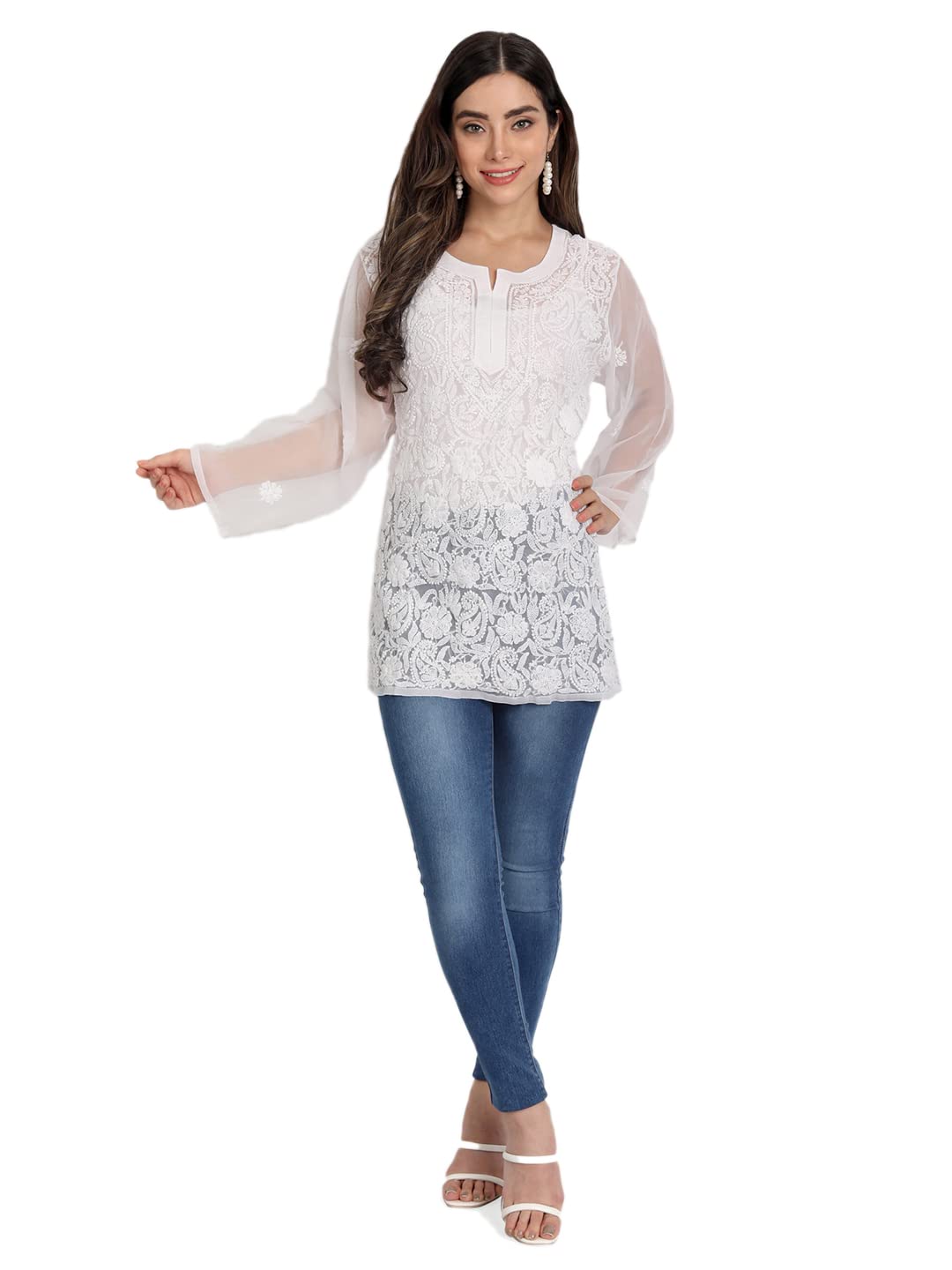 Indiankala4ULucknow Chikankari Hand Embroidered Tops/Blouse short Kurti Georgette
