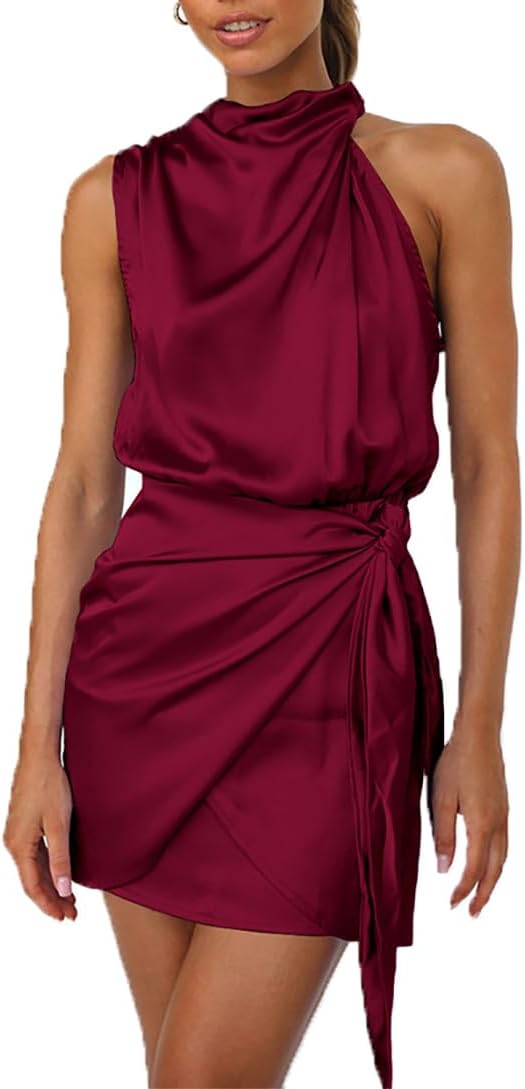Women's Halter Satin Dress Sleeveless Mock Neck Tie Waist Wrap Bodycon Cocktail Party Mini Dresses