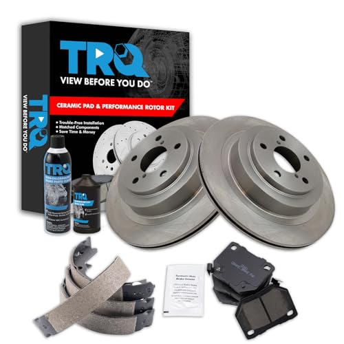 Image of TRQ Rear Brake Pad & Rotor Kit, with Chemical Kit Parking Brake Shoe Set Ceramic Compatible with 2006-2007 Subaru Impreza