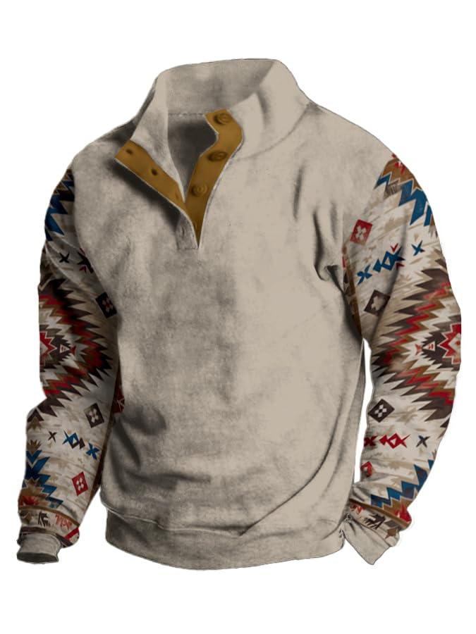 Bengbobar Men's Aztec Sweatshirt Western Cowboy Hoodies Long Sleeve Stand Collar Ethnic 1/4 Button Pullover Jacket Shirt