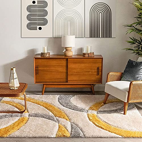 Image of Urban Modern Decor Features 3x5 Feet Modern Soft Shaggy Carpet Thick, Fluffy & 2 inch Pile Shag Rug for Your Kids Room, Bedroom & Livingroom(3x5 feet, Ivory & Yellow c)