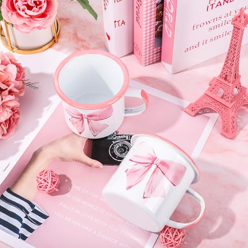 Tazas de café esmaltadas mini 12 Oz con moño rosa set 2 miniatura 4