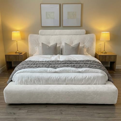 Homkdom Queen Size Bed Frame,Foam Cloud Bed Frame with Soft Button Design Headboard, Anti-Collision Design, Easy Assembly for Bedroom,Apartments, Guest Rooms,Beige