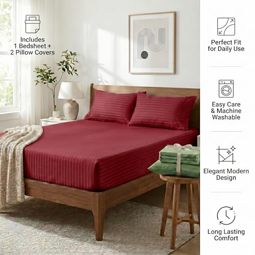 Image of Mafatlal Italian Strip Bedsheets with 2 Pillow Covers for King Size Bed | 210 TC Pure Cotton Flat Sheet Maroon | 108 x 108 Inches | Everyday Comfort & Style