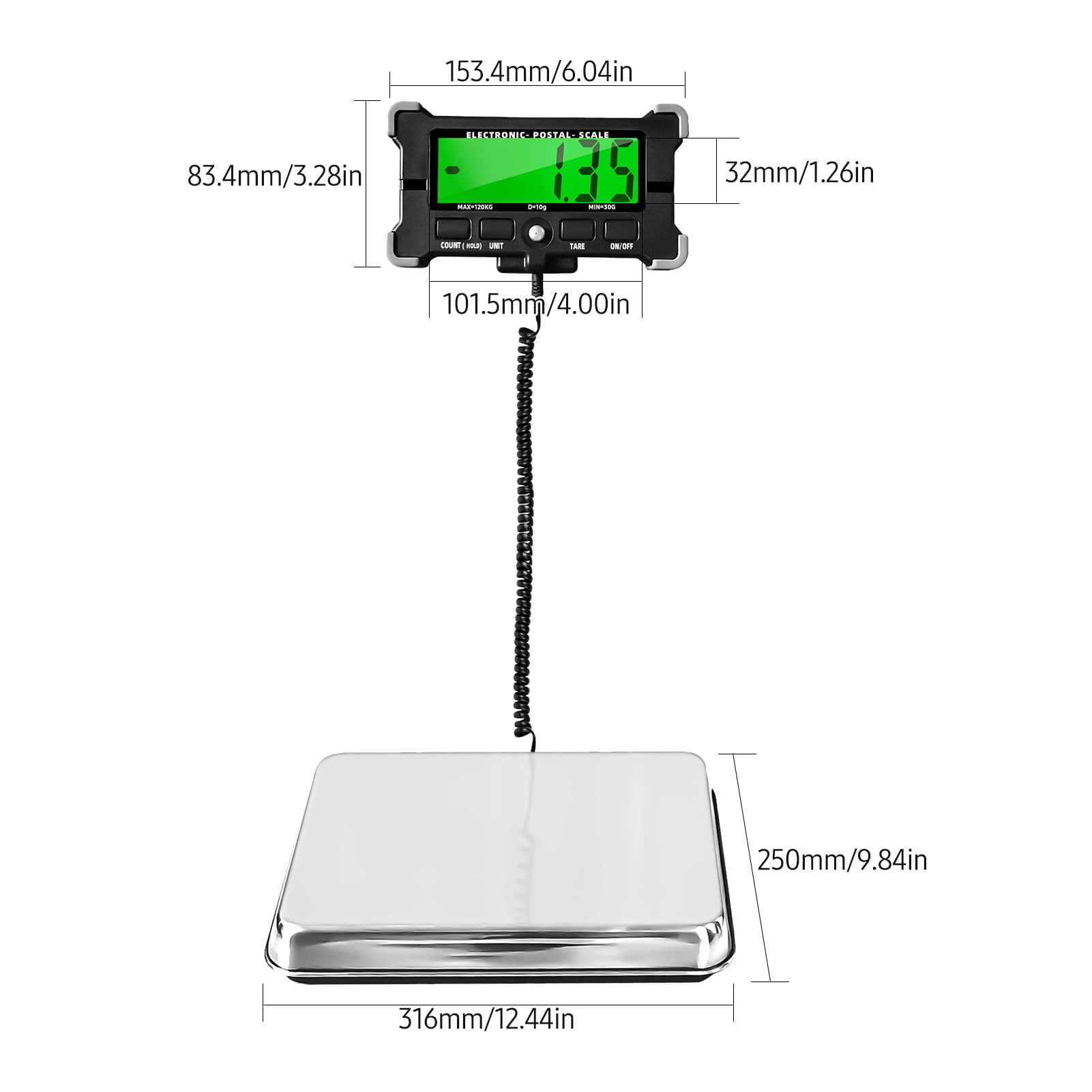 Báscula de Envío con Fuente de Alimentación Dual, Báscula Postal Electrónica Anticaída con Retroiluminación Verde, Capacidad de 200 Kg (120 kilos)