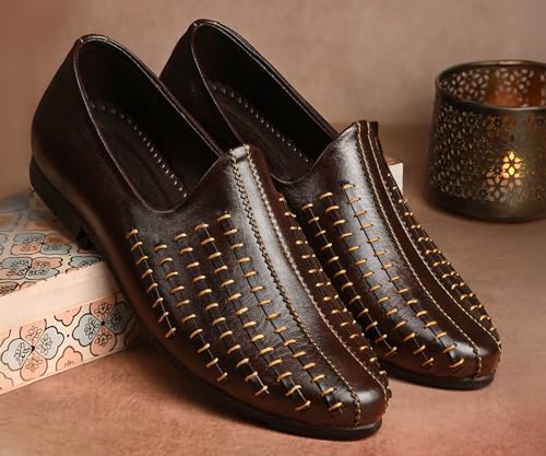 Image of LOUIS STITCH Men's Ethnic Slip On Striped Mojaris | Stylish Nagra Juti for Men | Lightweight and Comfortable Stylish Jutis and Mojaris for Kurta Pajama | LSAXNGMS