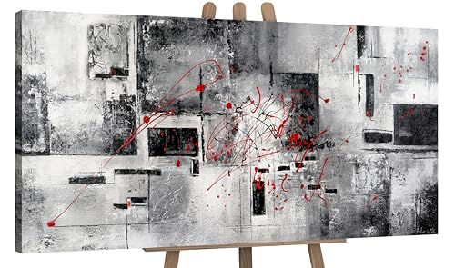 YS-Art Pintura hecha a mano Valor Cuadros contemporáneos colores negro, gris y blanco con líneas rojas Pintado en acrílico 160x80 cm