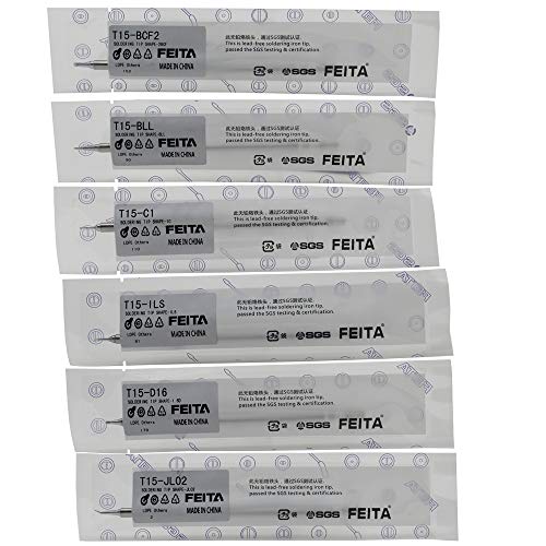FEITA Soldering Iron Tips T12 Electrical Solder Tip Kits for Micro Electric Soldering Station, Small Pencil Soldering Iron, Mini Solder Pen Accessory (T15-JL02/D16/BLL/BCF2/ILS/C1, 6Pcs)