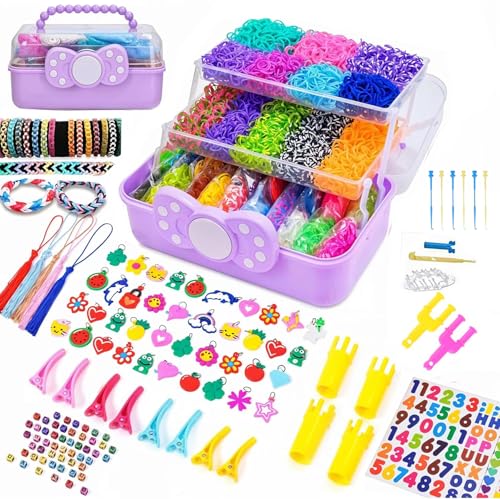 DasKid Lot de 17 000 bracelets à tisser avec 32 bracelets colorés comprenant des autocollants, des perles alphabet, des perles, des crochets en S et des porte-clés, avec boîte de rangement violette