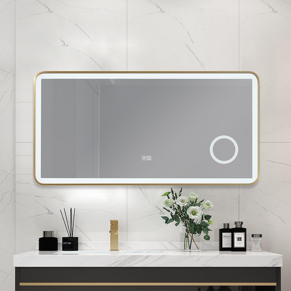 Miroir Salle de Bain LED 120x60cm Anti buée avec Cadre en Aluminium doré et loupe x3 LB-4685G -LuxuryBain