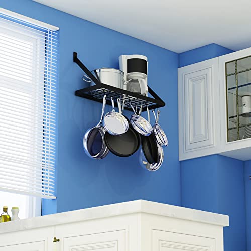 Hoooh Square Grid Wall Mount Pot Rack Storage Shelf With 10 Hooks, Kitchen Cookware Hanging Organizer, Black, Kpr301A-Bk #TOP7