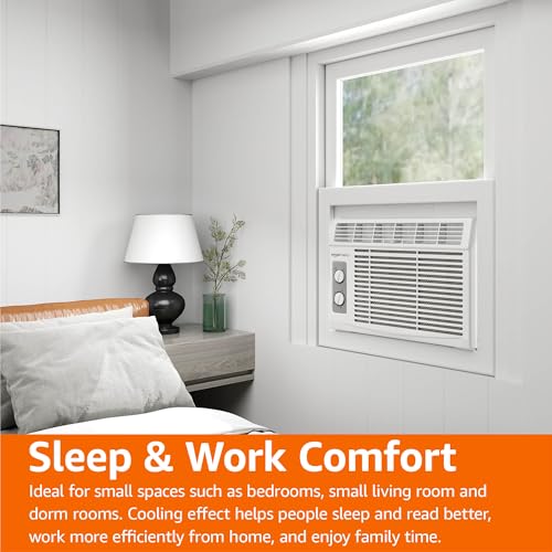 amazon basics 5000-btu small window air conditioner up to 150 sqf window ac units with cool and fan functions washable filter adjustable window kit intuitive mechanical controls white
