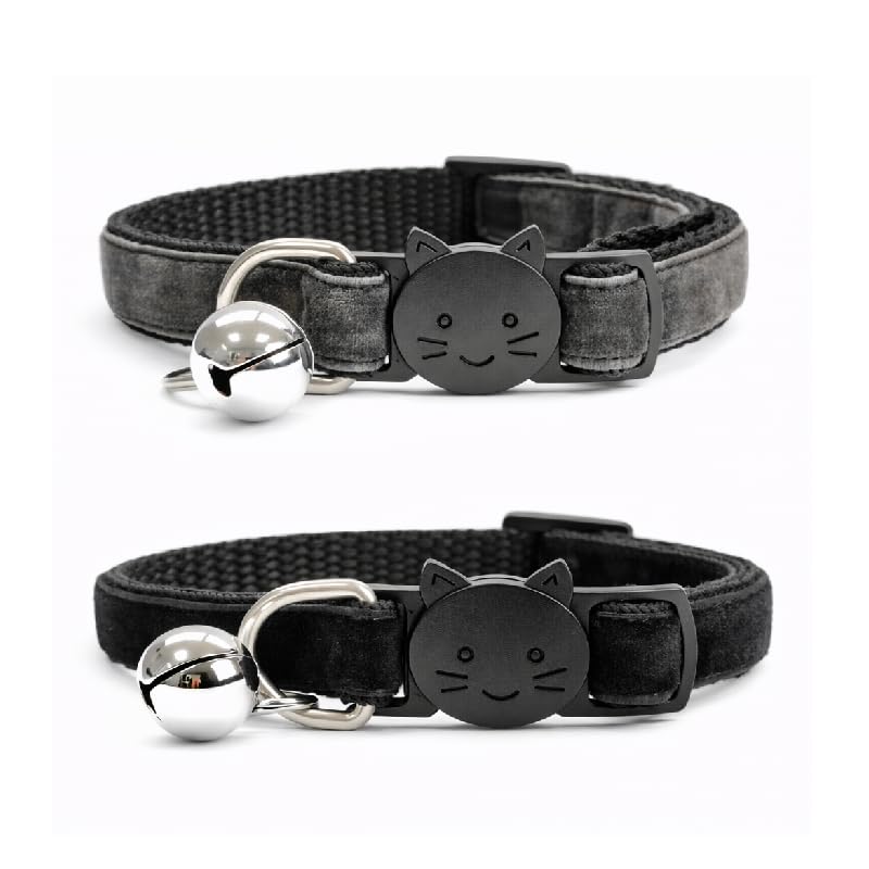 Velvet Cat Collars with Bell. Safe Quick Release Breakaway Buckle | Zacal Cat Collars (Dark Grey & Black, Pack of 2)