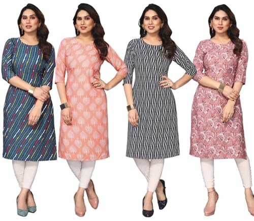 Image of JAKHANA Women's Crepe Printed Casual Straight Calf Length Round Nick Kurta Pack of 4