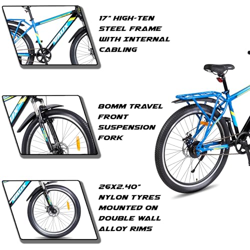 Image of Vaux Stallion-Pro Cycle for Men 26T with Integrated Carrier IBC| 17 inch Steel Frame| Dual-Tone Colors| Dual Disc Brakes| 26 X 2.4 Nylon Tyres| Front Suspension| Single Speed(Blue-Black)