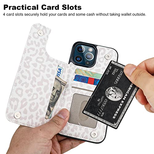 Haopinsh For Iphone 13 Pro Max Wallet Case With Card Holder, White Leopard Cheetah Pattern Back Flip Folio Pu Leather Kickstand Card Slots Case For Women Girls, Double Magnetic Clasp Shockproof 6.7" #TOP2