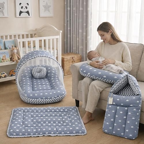 Image of Fareto Baby Bed | Carry Bag | Fedding Pillow | Hand Carry Bed | Combo of Bedding Essentials (Grey Crown)