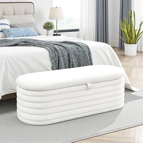 Image of ivoros Storage Ottoman Bench, Teddy Fabric Storage Bench, End of Bed Ottoman Bench for Bedroom, Living Room, Entryway, Closet(White)