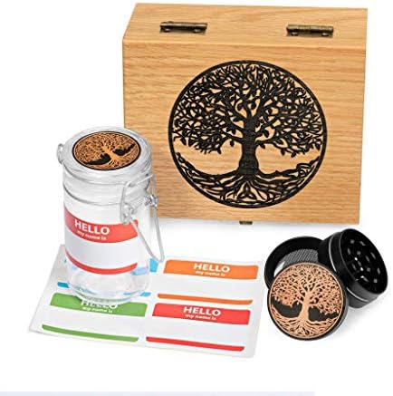 Tree of Life Oak Wood Stash Box Combo - Mini Titanium 4 Part Herb Grinder - Glass stash jar - Engraved Wood Handmade Decorative Stash Box (Tree of Life)