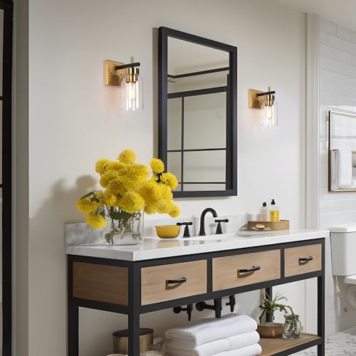 Image of Black Gold Wall Sconce, Modern Brass Sconce Wall Lighting with Clear Glass Shade for Bathroom, Hallway, Kitchen, and Bedroom